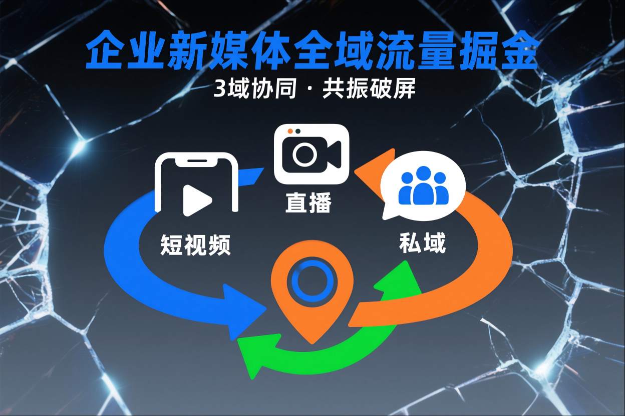 短视频全域商业模式，企业新媒体全域流量掘金，3域协同，共振破屏，短视频-直播-私域-地域-驿想项目网