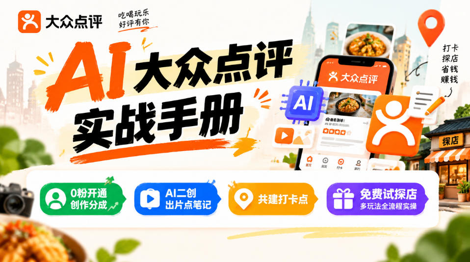 某局的AI大众点评实战手册，0粉开通创作分成、AI二创出片点笔记、共建打卡点、免费试探店多玩法全流程实操-驿想项目网
