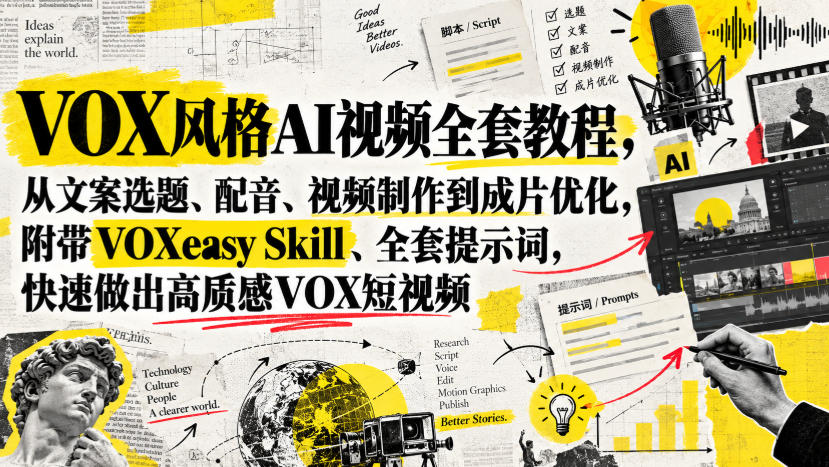 VOX风格AI视频全套教程，从文案选题、配音、视频制作到成片优化，附带VOXeasy Skill、全套提示词，快速做出高质感VOX短视频-驿想项目网