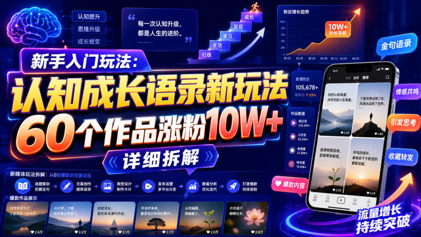 新手入门玩法：认知成长语录新玩法，60个作品涨粉10W+，详细拆解-驿想项目网
