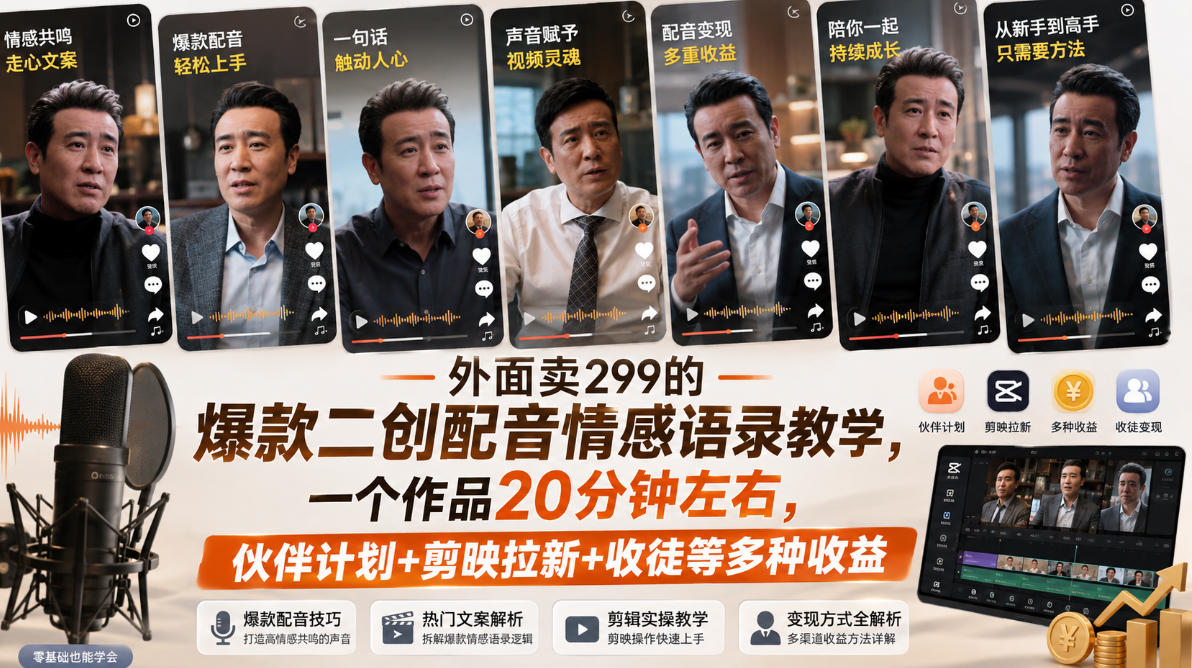 外面卖299的爆款二创配音情感语录教学，一个作品20分钟左右，伙伴计划+剪映拉新+收徒等多种收益-驿想项目网