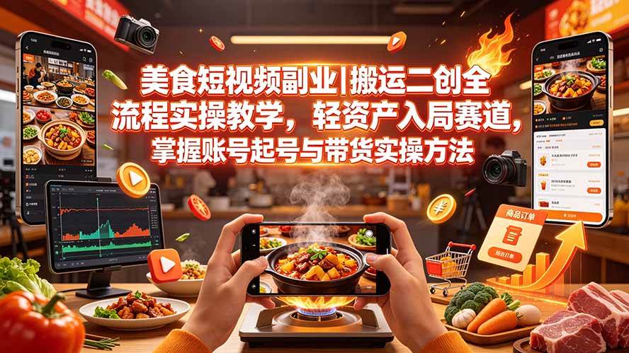(19535期)美食短视频副业|搬运二创全流程实操教学,轻资产入局赛道,掌握账号起号与带货实操方法-驿想项目网