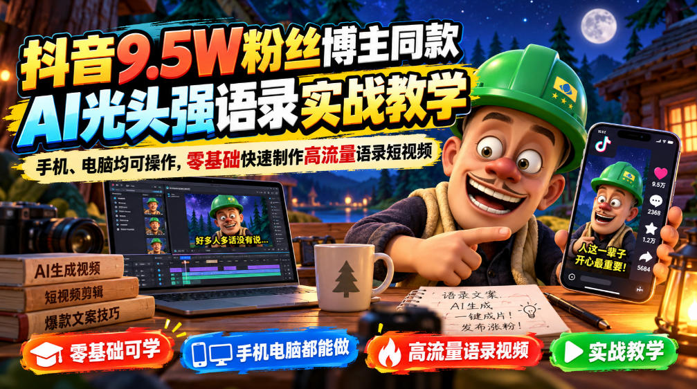 抖音9.5W粉丝博主同款AI光头强语录实战教学，手机、电脑均可操作，零基础快速制作高流量语录短视频-驿想项目网