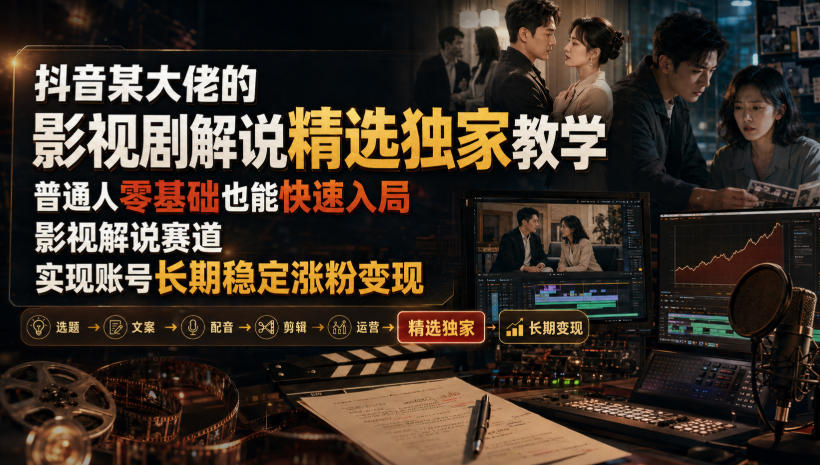 抖音某大佬的影视剧解说精选独家教学，普通人零基础也能快速入局影视解说赛道，实现账号长期稳定变现-驿想项目网