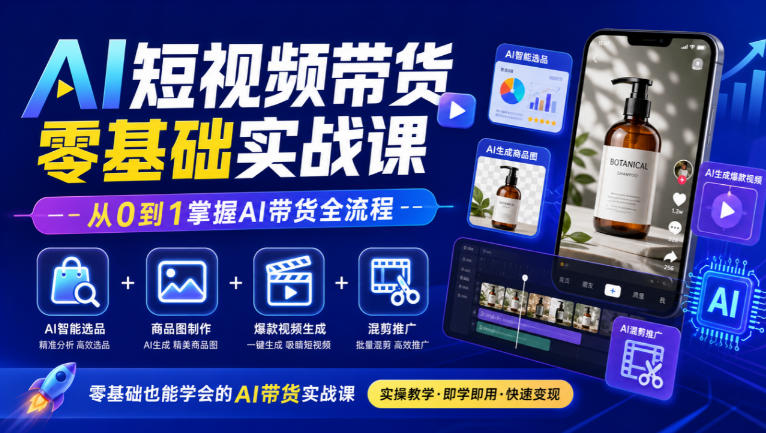 AI短视频带货零基础实战课｜AI智能选品+商品图制作+爆款视频生成+混剪推广，从0到1掌握AI带货全流程-驿想项目网