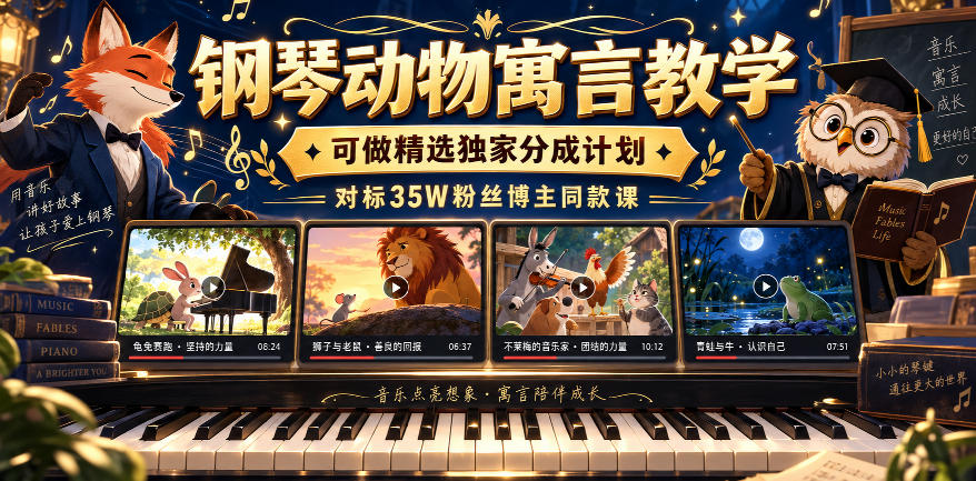 钢琴动物寓言教学,可做精选独家分成计划,对标35W粉丝博主同款课-驿想项目网