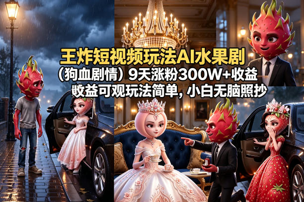 王炸短视频玩法AI水果剧（狗血剧情）9天涨粉300W+收益可观玩法简单，小白无脑照抄，详细拆解玩法-驿想项目网