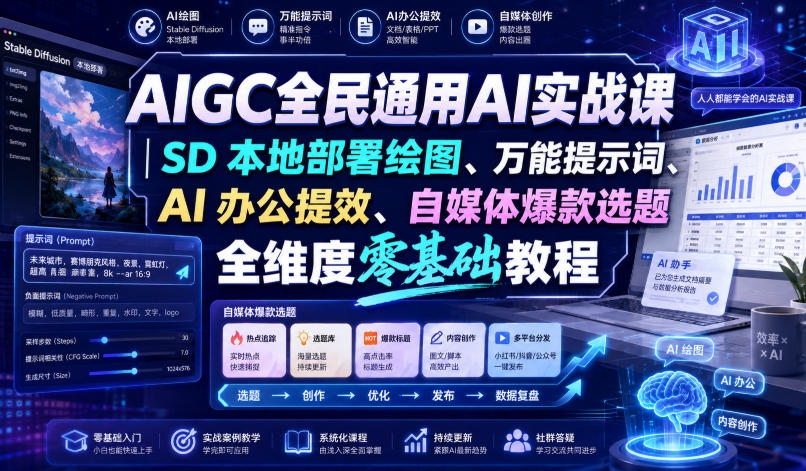 AIGC全民通用AI实战课|SD本地部署绘图、万能提示词、AI办公提效、自媒体爆款选题全维度零基础教程-驿想项目网