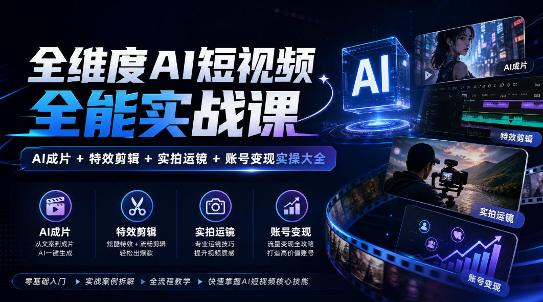 全维度AI短视频全能实战课，AI成片+特效剪辑+实拍运镜+账号变现实操大全-驿想项目网