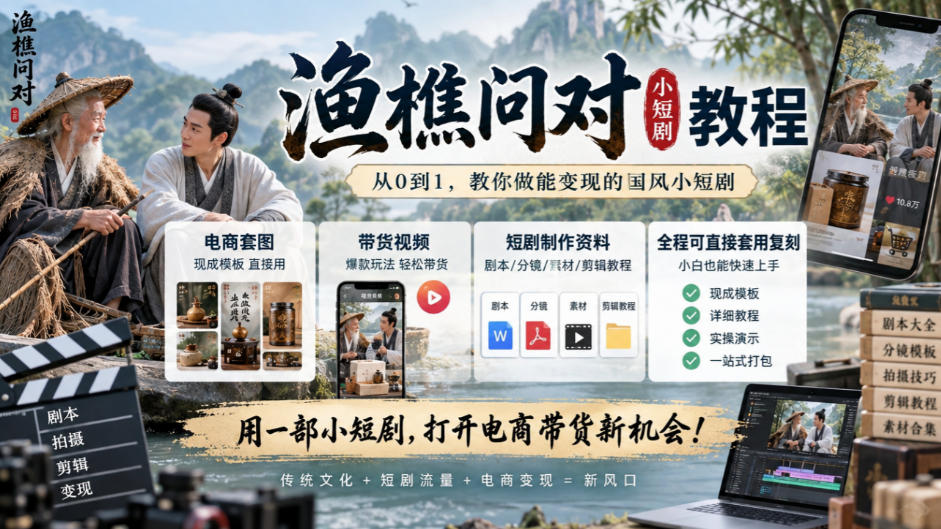 渔樵问对小短剧教程，包含电商套图、带货视频，短剧制作资料，全程可直接套用复刻-驿想项目网