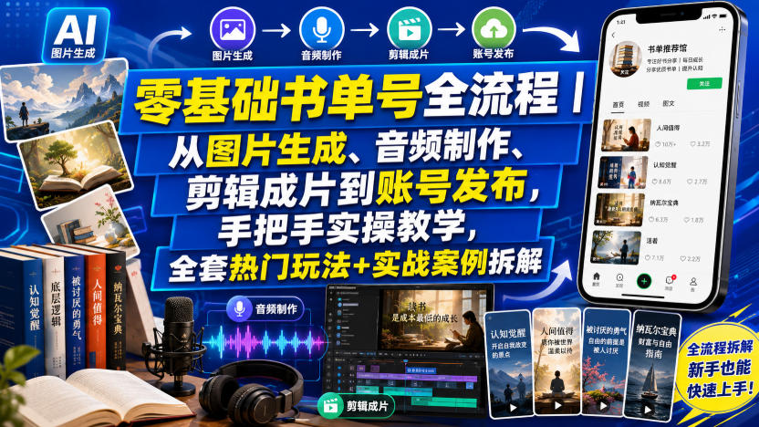 零基础书单号全流程｜从图片生成、音频制作、剪辑成片到账号发布，手把手实操教学，全套热门玩法+实战案例拆解-驿想项目网