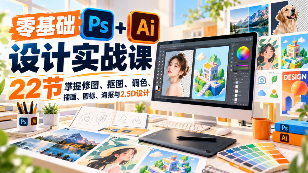 【无水印】零基础PS+AI设计实战课｜22节掌握修图、抠图、调色、插画、图标、海报与2.5D设计-驿想项目网