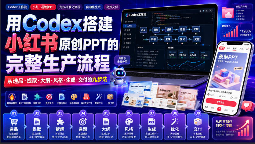 用Codex搭建小红书原创PPT的完整生产流程，从选品·提取·大纲·风格·生成·交付的九步法-驿想项目网