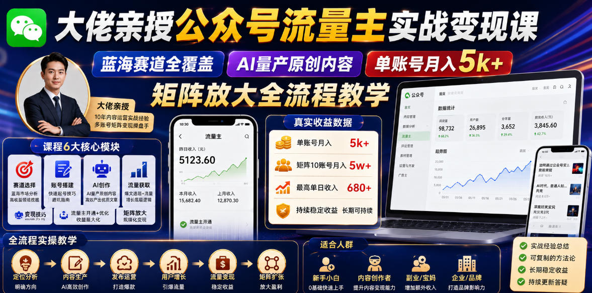 大佬亲授公众号流量主实战变现课,蓝海赛道全覆盖,AI量产原创内容,单账号月入5k+矩阵放大全流程教学-驿想项目网