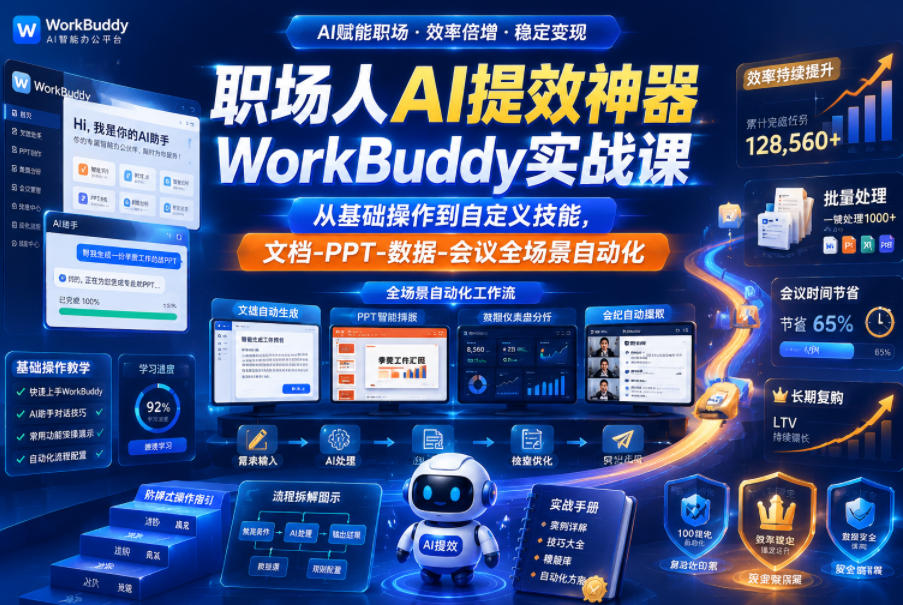 职场人AI提效神器WorkBuddy实战课,从基础操作到自定义技能,文档-PPT-数据-会议全场景自动化-驿想项目网