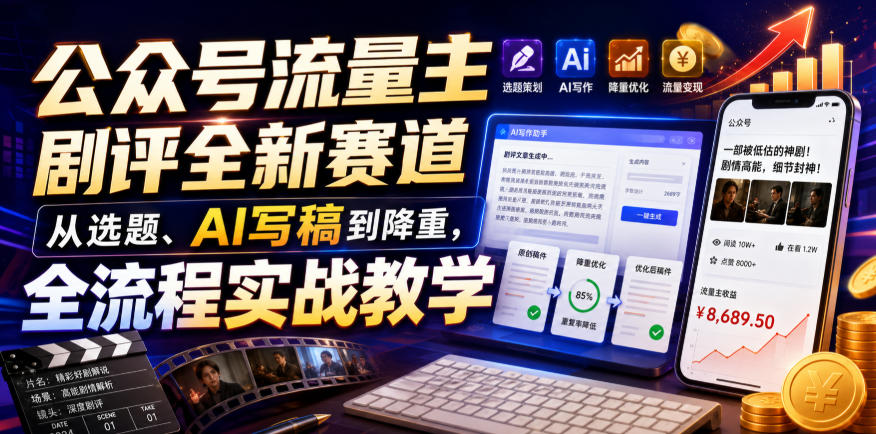 公众号流量主剧评全新赛道，从选题、AI写稿到降重，全流程实战教学-驿想项目网