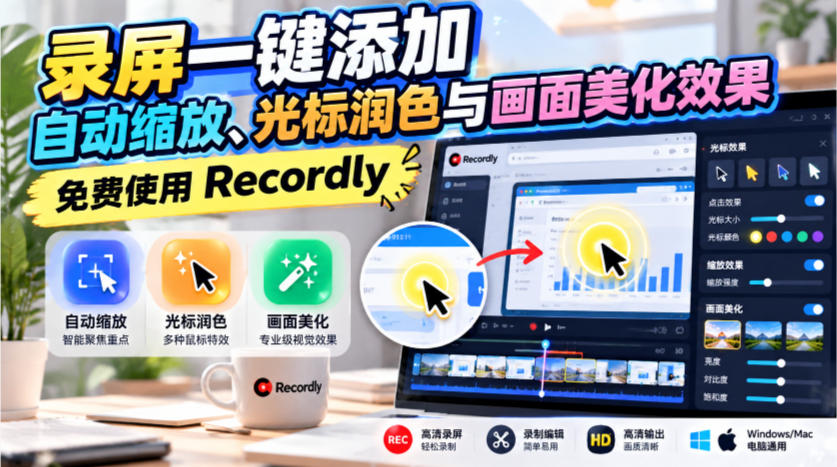录屏一键添加自动缩放、光标润色与画面美化效果，免费使用Recordly-驿想项目网