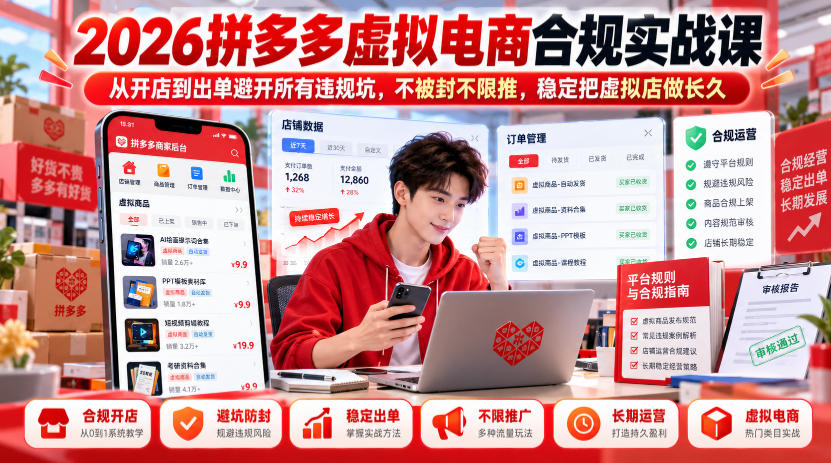 2026拼多多虚拟电商合规实战课，从开店到出单避开所有违规坑，不被封不限推，稳定把虚拟店做长久-驿想项目网