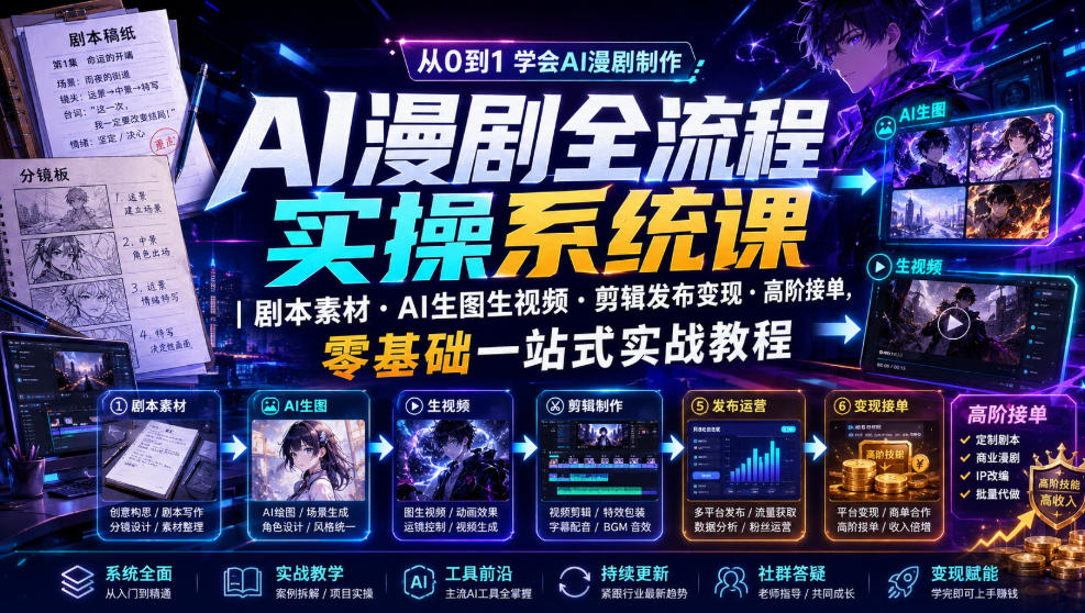 AI漫剧全流程实操系统课｜剧本素材・AI生图生视频・剪辑发布变现・高阶接单，零基础一站式实战教程-驿想项目网