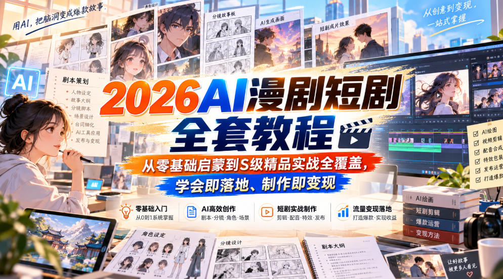 2026AI漫剧短剧全套教程，从零基础启蒙到S级精品实战全覆盖，学会即落地、制作即变现-驿想项目网