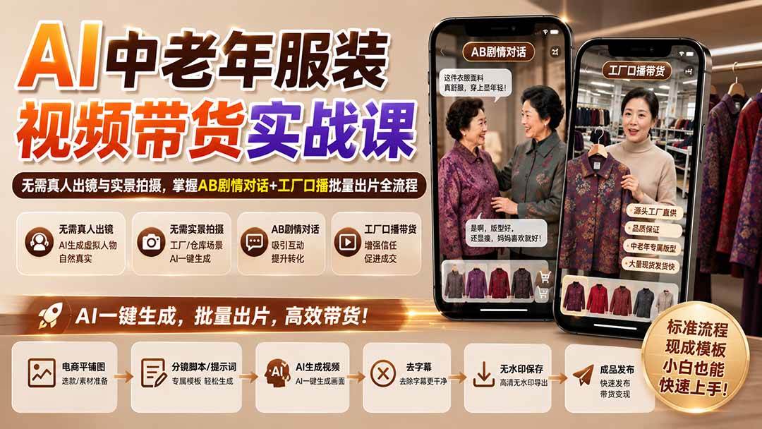 (20198期)AI中老年服装视频带货实战课:无需真人出镜与实景拍摄,掌握AB剧情对话+工厂口播批量出片全流程-驿想项目网