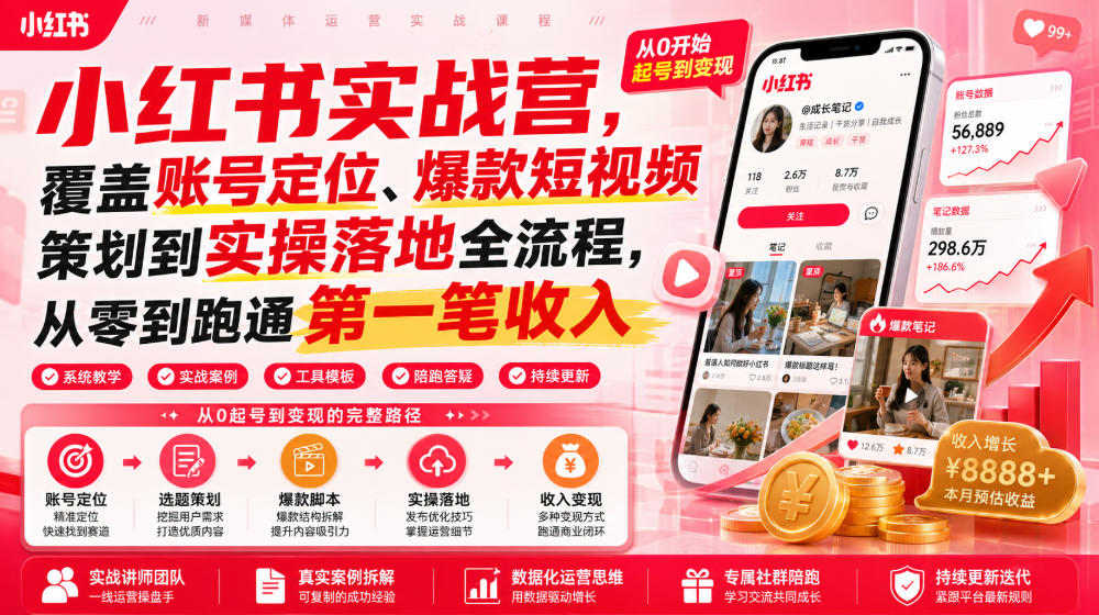 小红书实战营，覆盖账号定位、爆款短视频策划到实操落地全流程，从零到跑通第一笔收入-驿想项目网