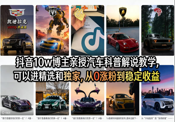 抖音10w博主亲授汽车科普解说教学，可以进精选和独家，从0涨粉到稳定收益（详细视频课程+1T素材）-驿想项目网