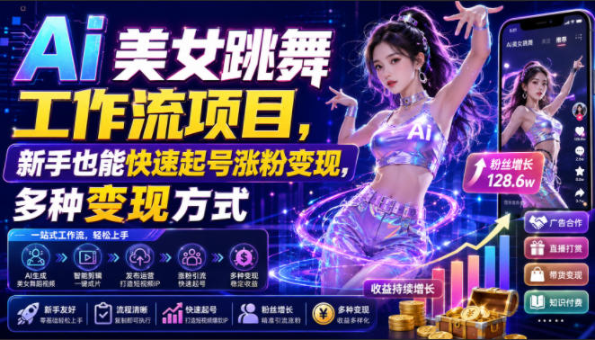 Ai美女跳舞工作流项目，新手也能快速起号涨粉变现，多种变现方式-驿想项目网