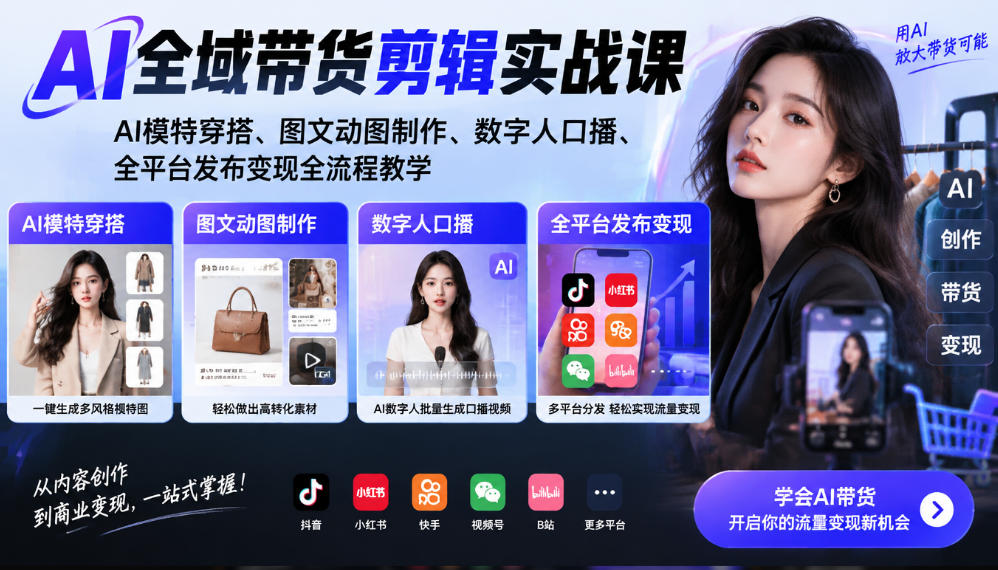 AI全域带货剪辑实战课｜AI模特穿搭、图文动图制作、数字人口播、全平台发布变现全流程教学-驿想项目网