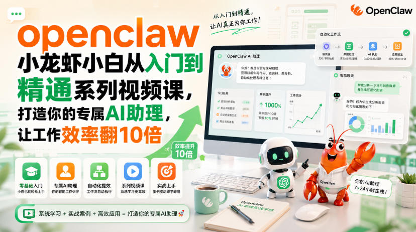 openclaw小龙虾小白从入门到精通系列视频课,打造你的专属AI助理,让工作效率翻10倍-驿想项目网