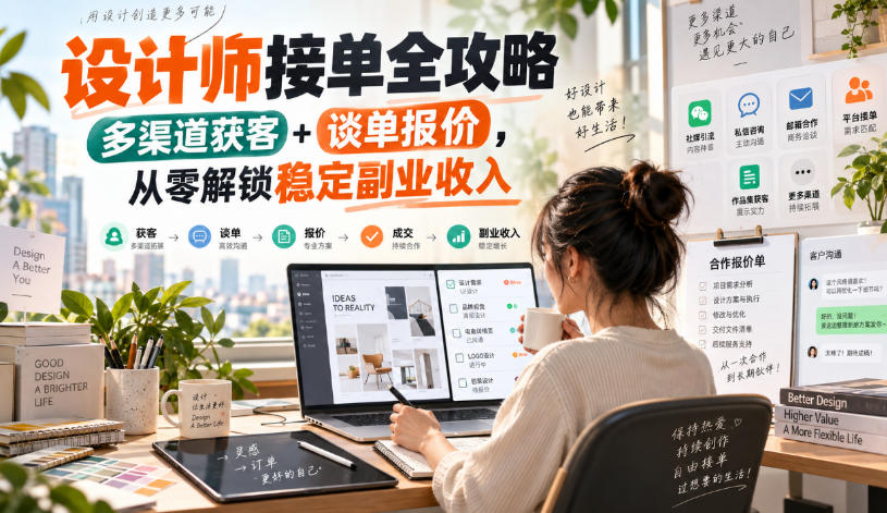 设计师接单全攻略-无水印,多渠道获客+谈单报价,从零解锁稳定副业收入-驿想项目网