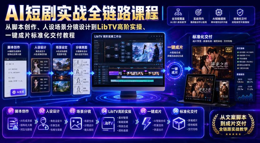 AI短剧实战全链路课程|从脚本创作、人设场景分镜设计到LibTV高阶实操、一键成片标准化交付教程 AI短剧实战全链路课程|从脚本创作、人设场景分镜设计到LibTV高阶实操、一键成片标准化交付教程