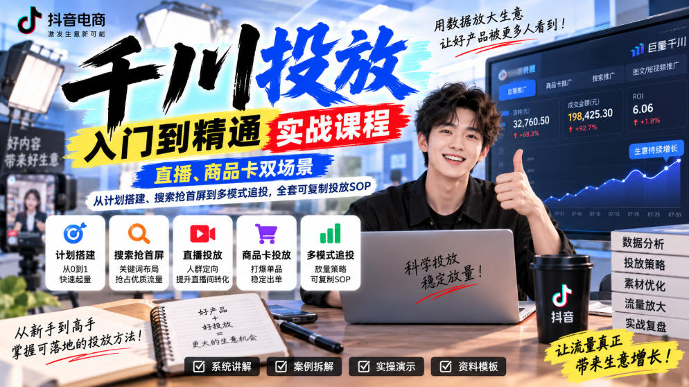 千川投放入门到精通实战课程,直播、商品卡双场景,从计划搭建、搜索抢首屏到多模式追投,全套可复制投放SOP-驿想项目网