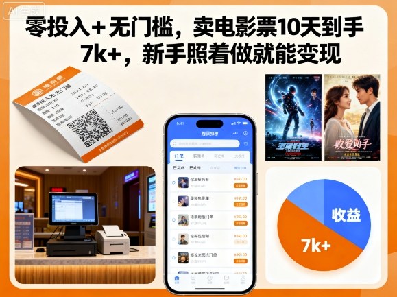 零投入+无门槛,卖电影票10天到手7k+,新手照着做就能变现【揭秘】-驿想项目网