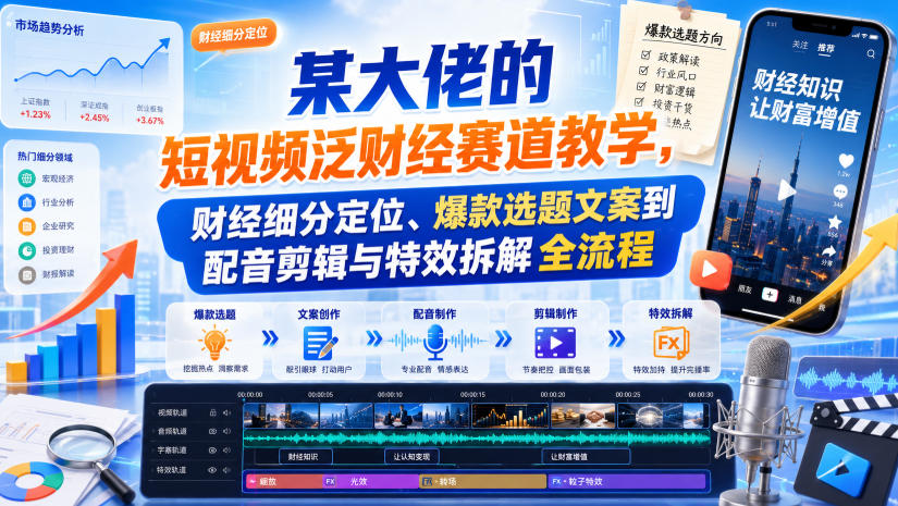 某大佬的短视频泛财经赛道教学，财经细分定位、爆款选题文案到配音剪辑与特效拆解全流程-驿想项目网