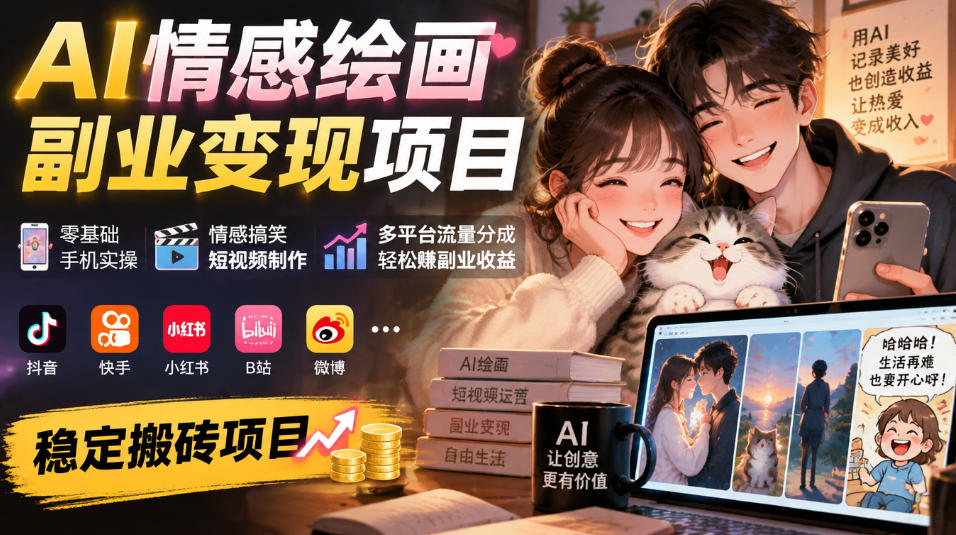 AI情感绘画副业变现项目｜零基础手机实操，情感搞笑短视频制作，多平台流量分成轻松賺副业收益-驿想项目网