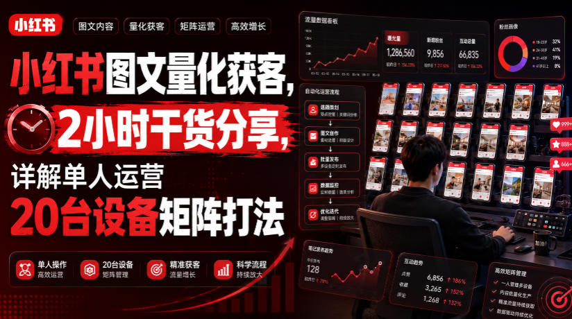 小红书图文量化获客，2小时干货分享，详解单人运营20台设备矩阵打法-驿想项目网