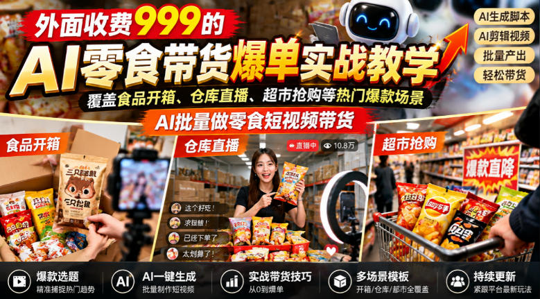外面收费999的AI零食带货爆单实战教学，覆盖食品开箱、仓库直播、超市抢购等热门爆款场景，AI批量做零食短视频带货-驿想项目网