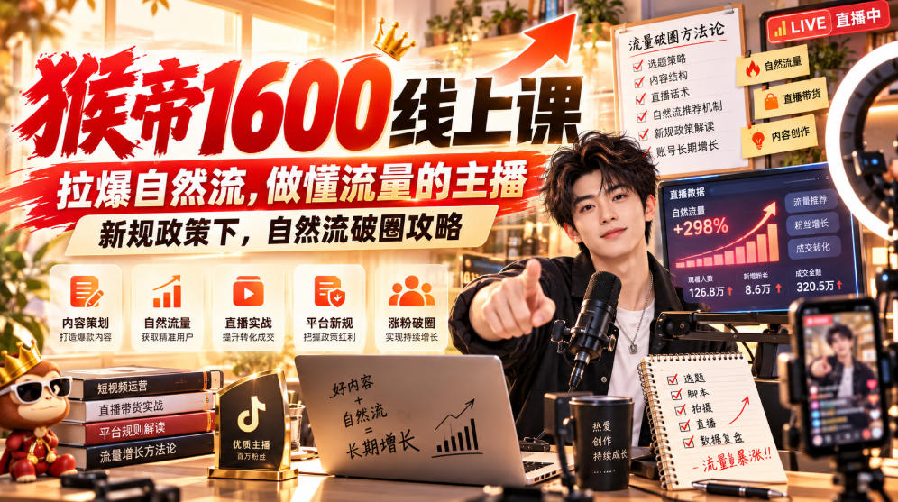 猴帝1600线上课,拉爆自然流,做懂流量的主播,新规政策下,自然流破圈攻略【更新260926】-驿想项目网