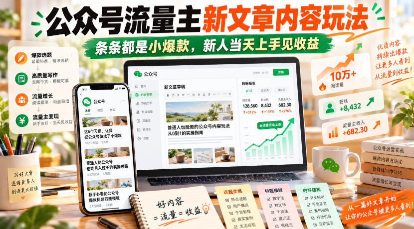 公众号流量主新文章内容玩法，条条都是小爆款，新人当天上手见收益-驿想项目网