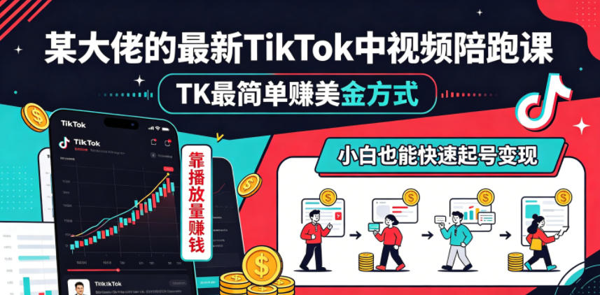 某大佬的最新TikTok中视频陪跑课，TK最简单賺美金方式，靠播放量賺钱，小白也能快速起号变现-驿想项目网