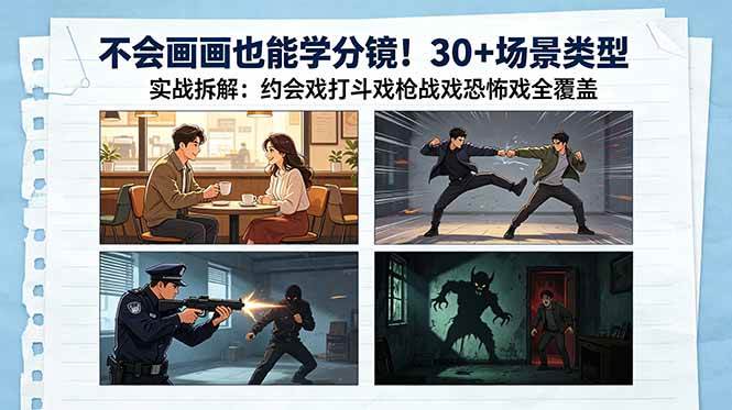 （18591期）不会画画也能学分镜！30+场景类型实战拆解：约会戏打斗戏枪战戏恐怖戏全覆盖-驿想项目网