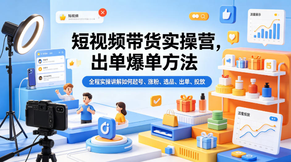 短视频带货实操营，出单爆单方法，全程实操讲解如何起号、涨粉、选品、出单、投放-驿想项目网