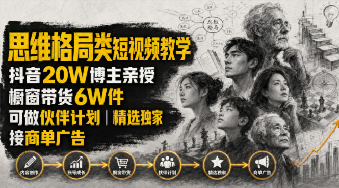 人性思维格局类短视频教学,抖音20W博主亲授,橱窗带货6W件,可做伙伴计划、精选独家、接商单广告-驿想项目网