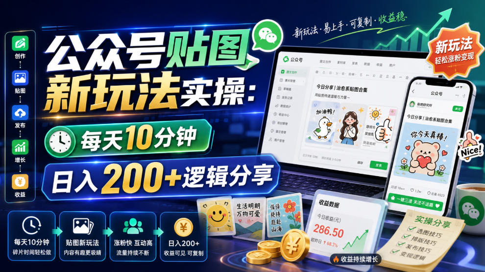 公众号贴图新玩法实操，每天10分钟，日入200+逻辑分享-驿想项目网