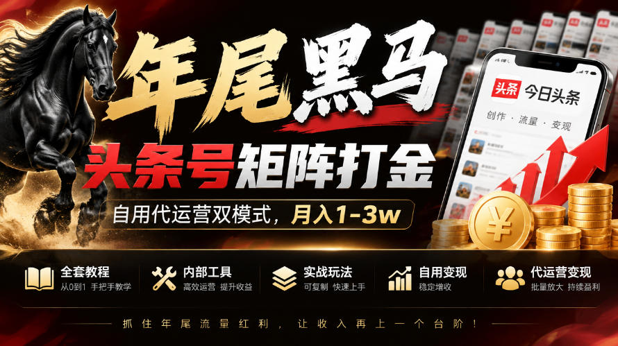 【年尾黑马】头条号矩阵打金，自用代运营双模式，月入1-3w，附全套教程及内部工具【揭秘】-驿想项目网