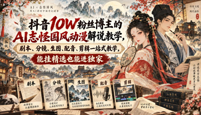 抖音10W粉丝博主的AI志怪国风动漫解说教学,剧本、分镜、生图、配音、剪辑一站式教学,能挂精选也能进独家-驿想项目网