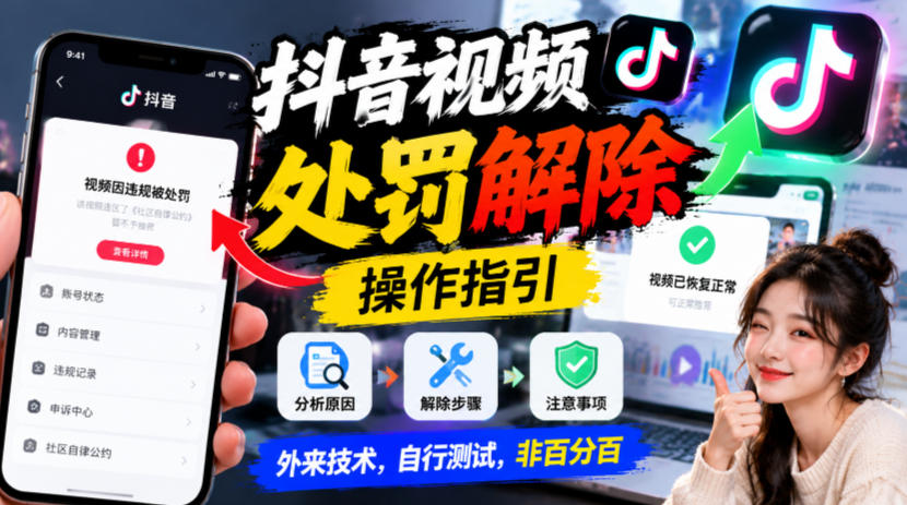 抖音视频处罚解除操作指引，外来技术，自行测试，非百分百-驿想项目网