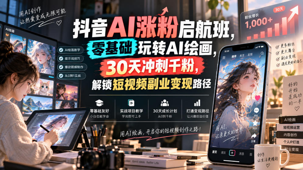 抖音AI涨粉启航班,零基础玩转AI绘画,30天冲刺千粉,解锁短视频副业变现路径-驿想项目网