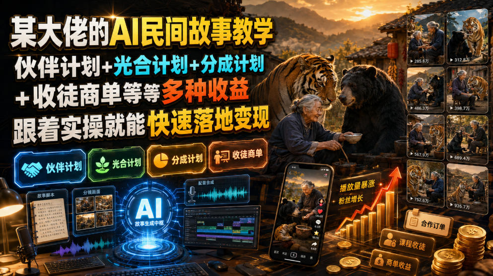 某大佬的AI民间故事教学，伙伴计划+光合计划+分成计划+收徒商单等多种收益，跟着实操就能快速落地变现-驿想项目网